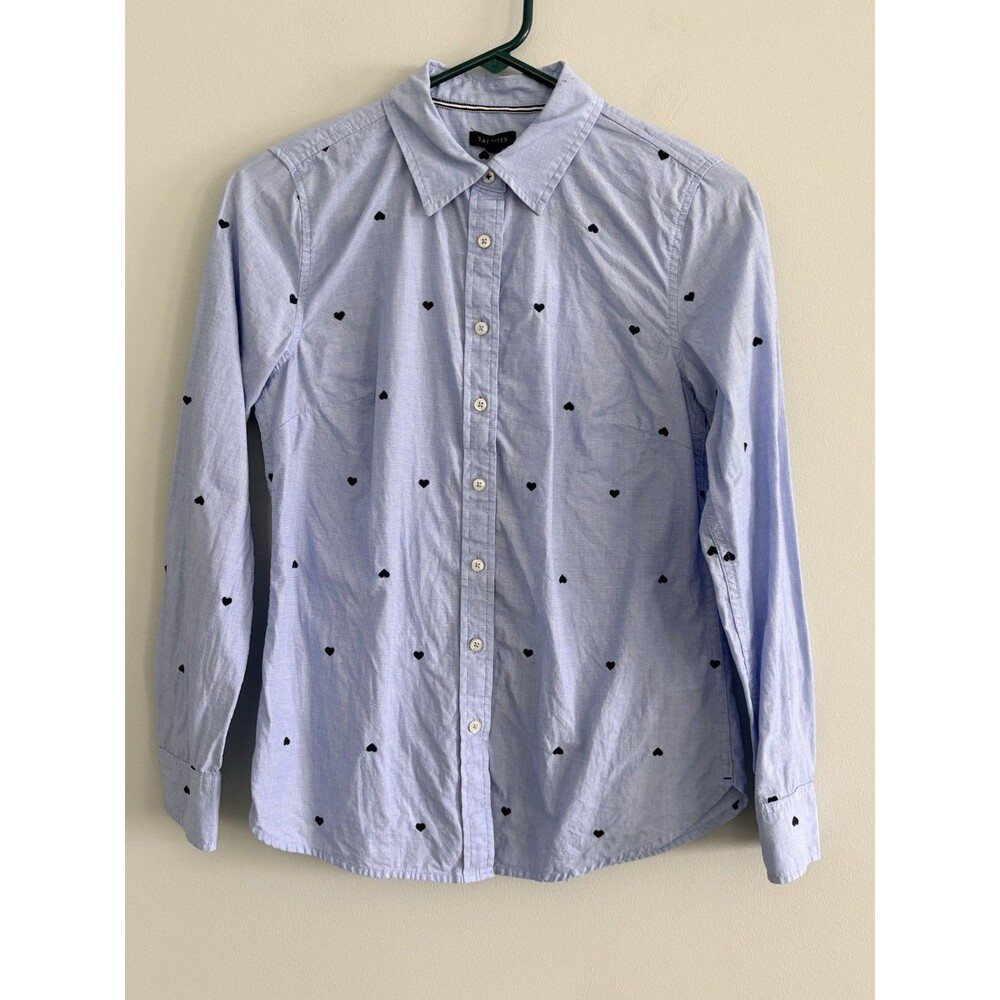 Talbots Blouse Blue Womens Size XS Hearts Button Front Office Career Valentines